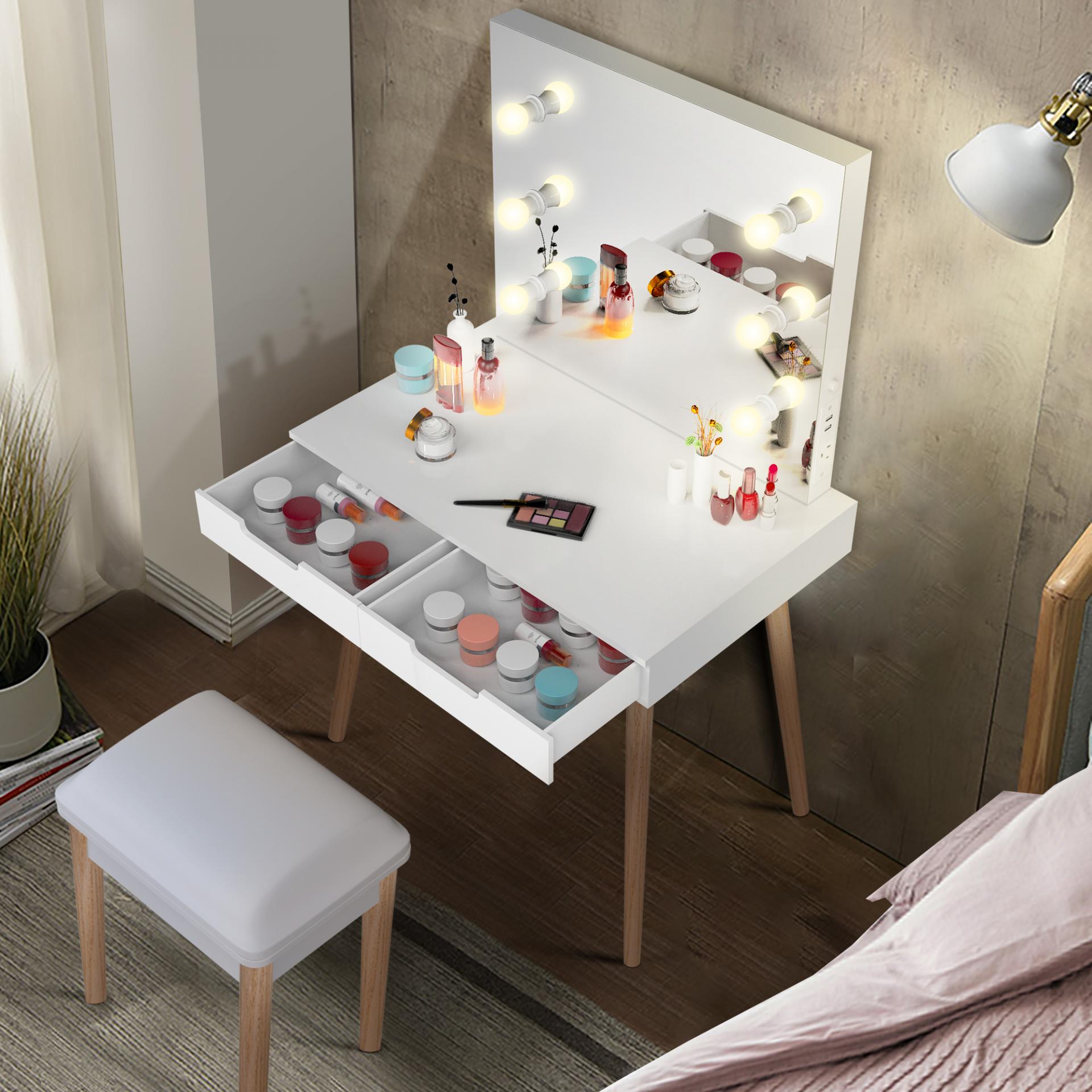 GLS Vanity Desk with Lighted Mirror,Dressing Table with Lights Adjustable Brightness,Drawers for Bedroom,White