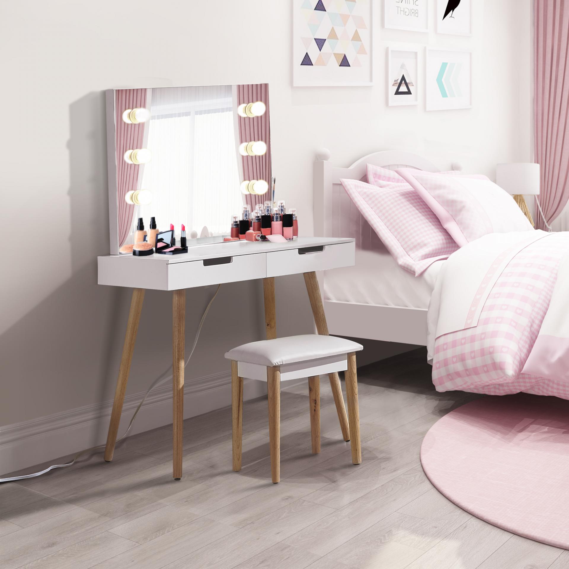 GLS Vanity Desk with Lighted Mirror,Dressing Table with Lights Adjustable Brightness,Drawers for Bedroom,White